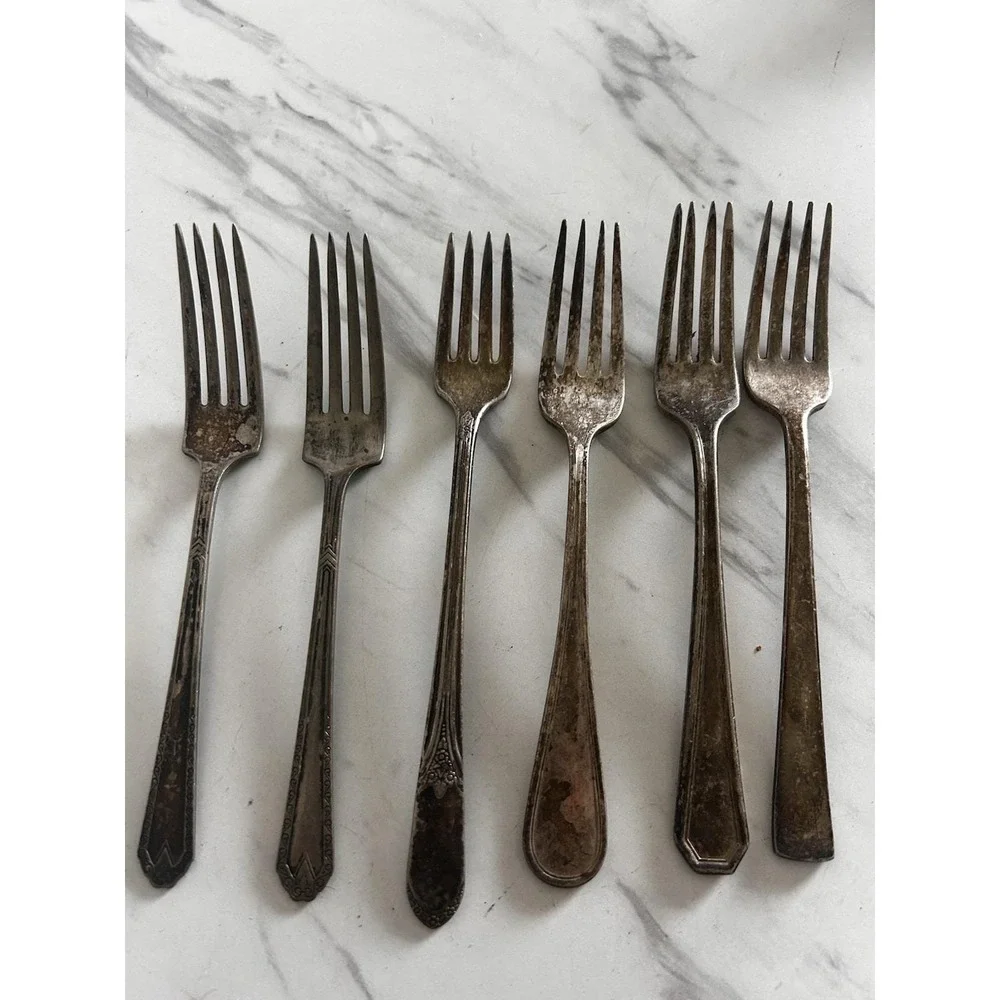 Vintage Antique Silverplate Dinner Forks Mixed Assorted Patterns Lot of 6 BxA